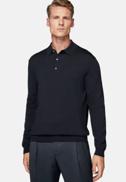 Polo En Maille Bleu Marine En Laine Mérinos