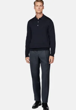 Polo En Maille Bleu Marine En Laine Mérinos