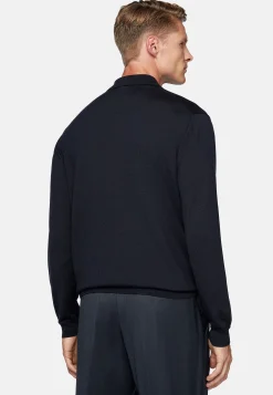 Polo En Maille Bleu Marine En Laine Mérinos