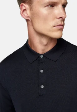 Polo En Maille Bleu Marine En Laine Mérinos