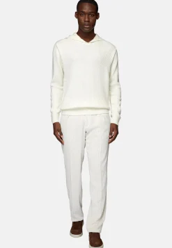 Pull Blanc À Capuche Avec Encolure En V En Laine Mérinos