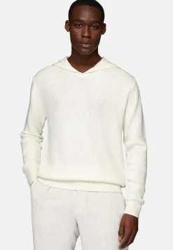 Pull Blanc À Capuche Avec Encolure En V En Laine Mérinos