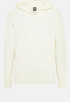 Pull Blanc À Capuche Avec Encolure En V En Laine Mérinos