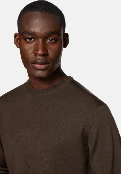 Pull Col Rond Marron En Laine Mérinos