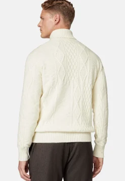 Pull Col Roulé Blanc Mélange De Points En Laine Mérinos