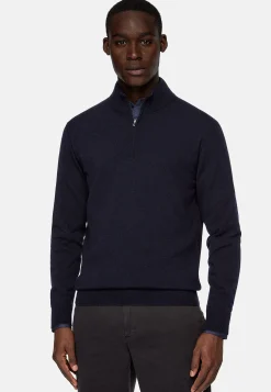 Pull Demi Zip Bleu Marine En Cachemire Mélangé
