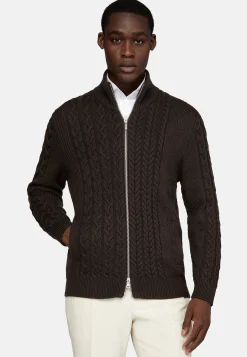 Pull Full Zip Marron Avec Mélange De Points En Laine Mérinos