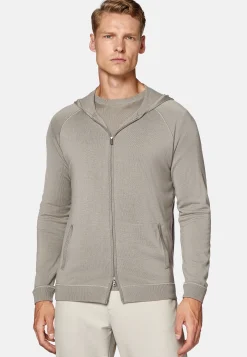 Pull Full Zip Taupe À Capuche En Laine Mérinos
