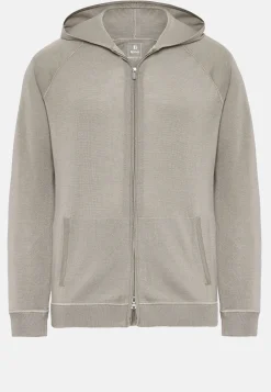 Pull Full Zip Taupe À Capuche En Laine Mérinos