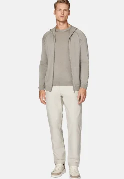 Pull Full Zip Taupe À Capuche En Laine Mérinos