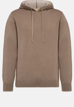 Pull Taupe À Capuche En Laine Nylon Coton