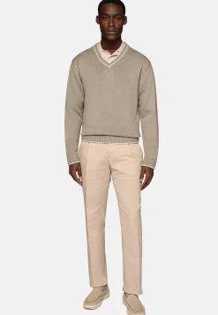 Pull Taupe À Col En V En Laine Et Coton Bio