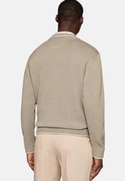 Pull Taupe À Col En V En Laine Et Coton Bio